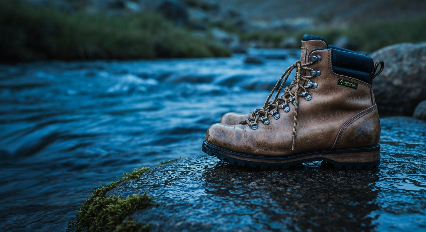 Chaussures de randonnée sur granite humide à l'aube