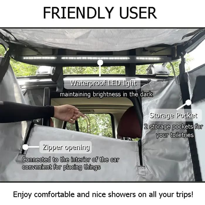 Tente de douche portable pour voiture - Tente de douche latérale pour véhicule avec bac, cabine d'essayage et abri toilettes pour SUV, camping en extérieur