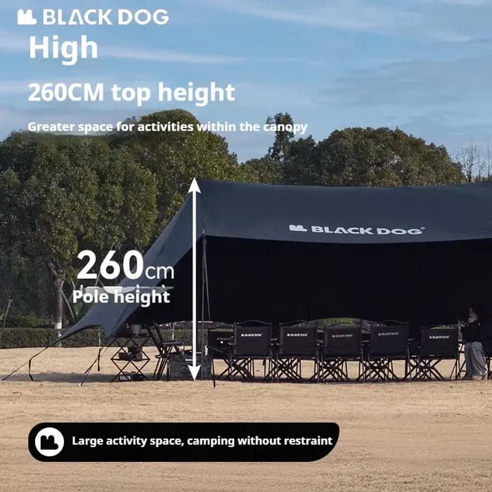 Tente auvent BLACKDOG grand espace, revêtement noir, protection solaire, imperméable, abri solaire, équipement de camping, auvent de fête pour l'extérieur