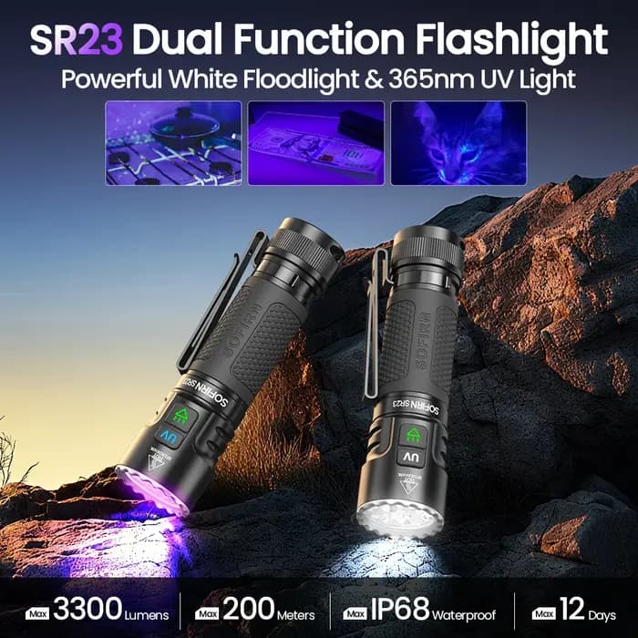 SOFIRN SR23 lampe de poche double lumière 3300lm projecteur blanc et 365nm lumière UV 21700 USB C la