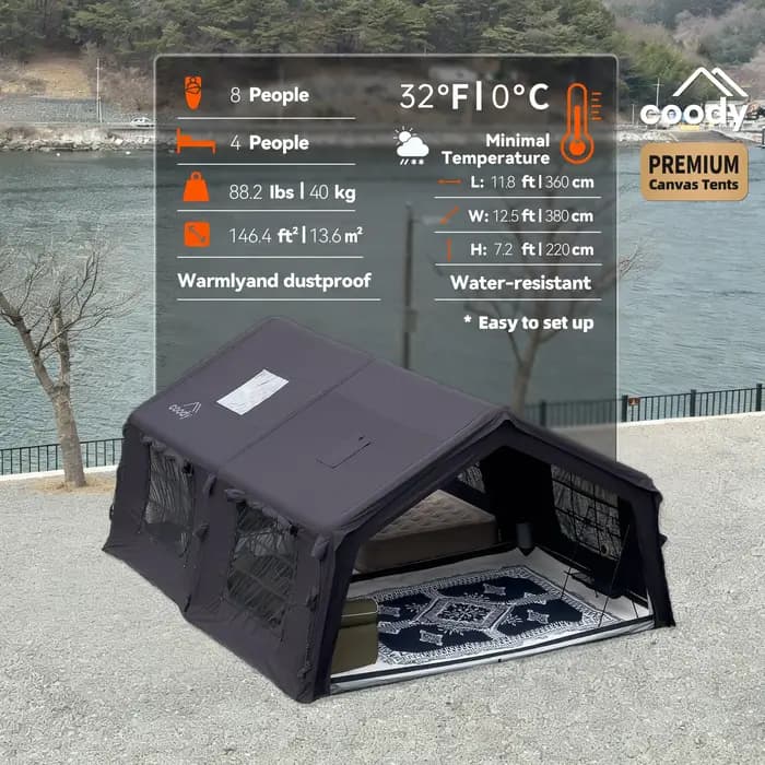 Tente gonflable Coody 13.6 Air Tent-Beige, grande tente de camping en coton portable pour le glampin