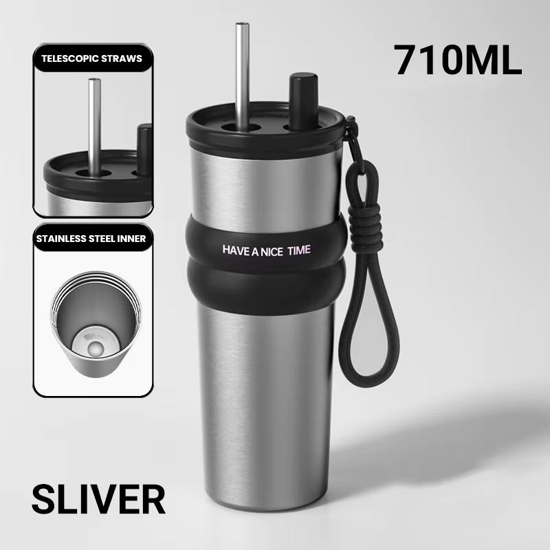 Bouteille isolée sous vide en acier inoxydable avec paille, Thermos anti-fuite pour chaud et froid, 