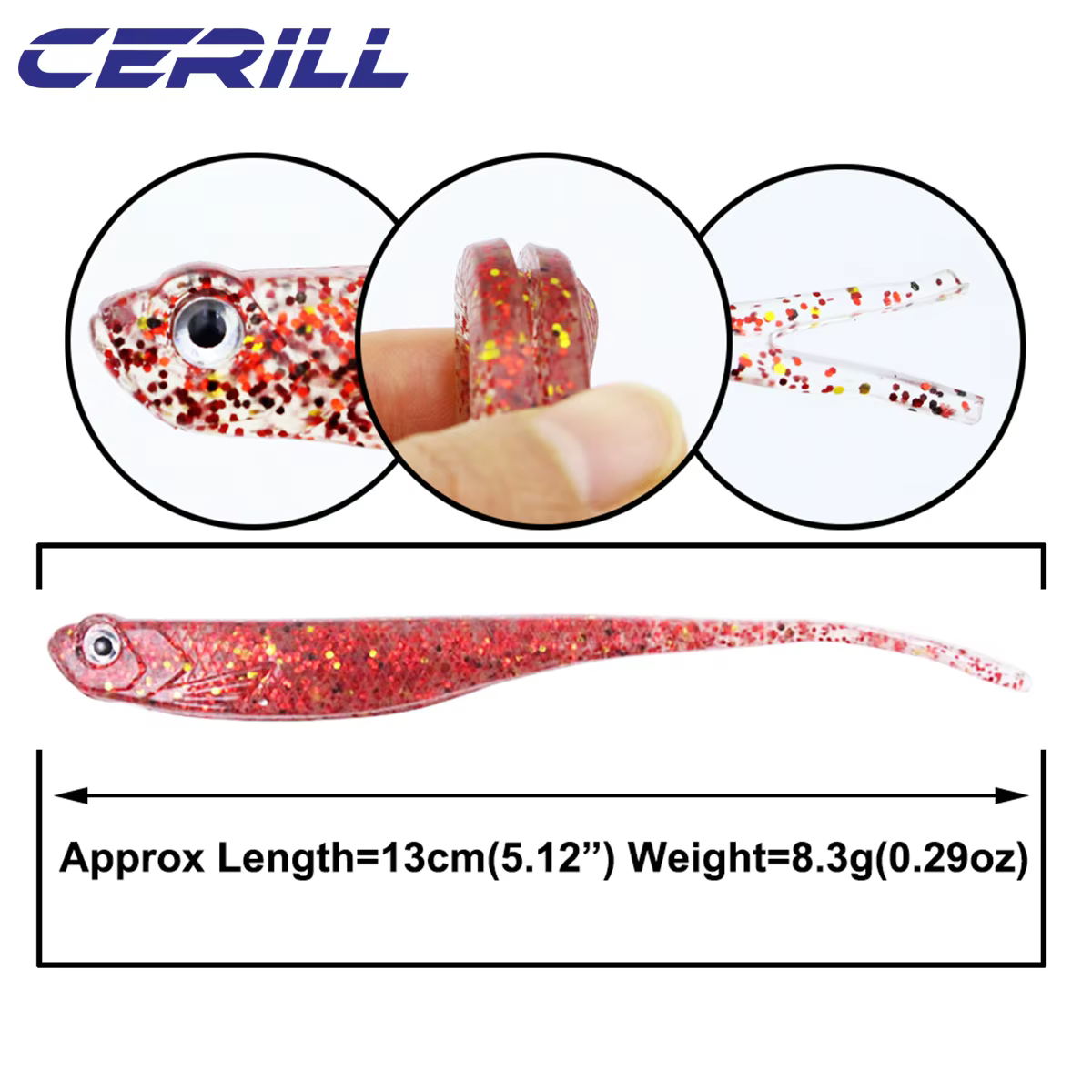 Cerill 5 pièces 13 cm Shiner 3D yeux doux leurre de pêche fourche queue artificielle ver appât lueur