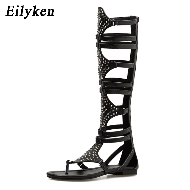 Eilyken 2026 nouveau gladiateur doré romain femmes bottes sandales en cuir PU bout ouvert genou haut