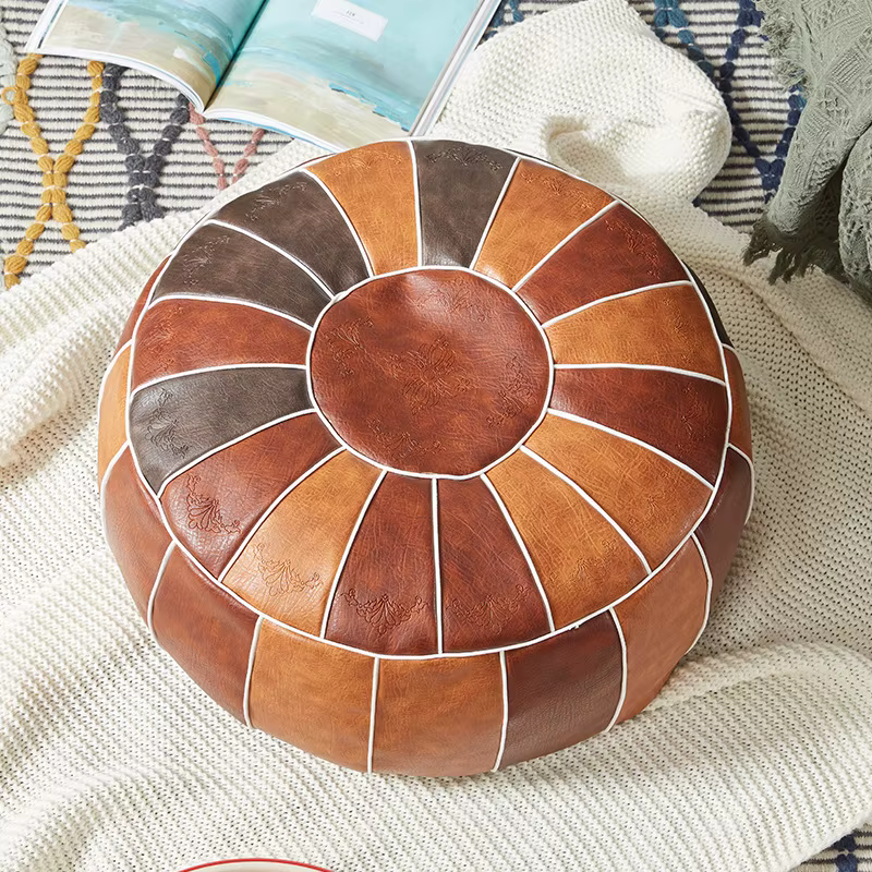 Pouf marocain en cuir PU, pouf artisanal Hassock bitions oman, repose-pieds rond, grand coussin en c