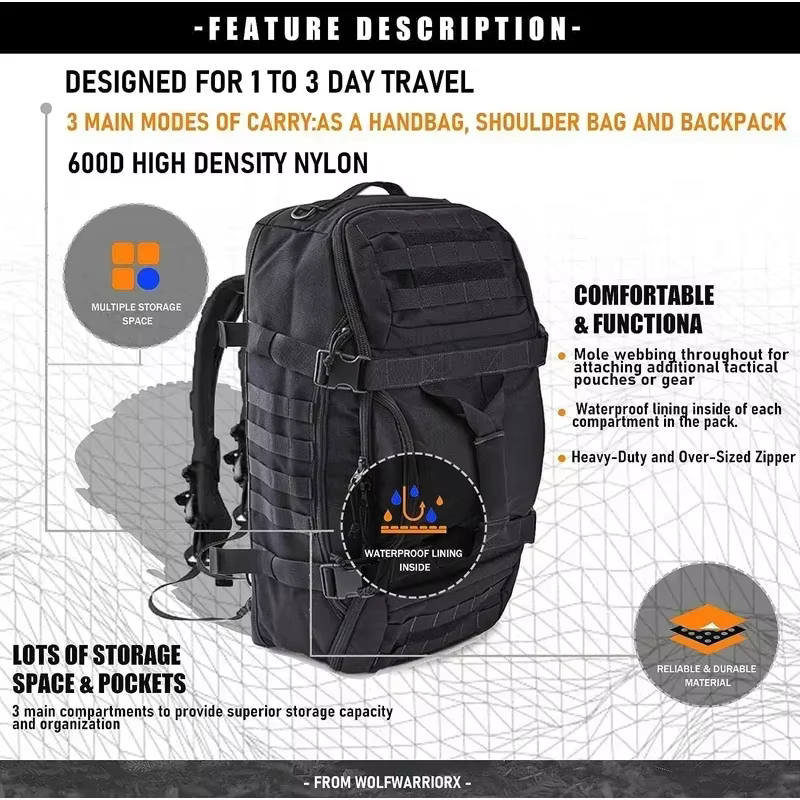 30L 45L 80L sac polochon de voyage sac à dos tactique militaire avec sangle réglable sac de week-end