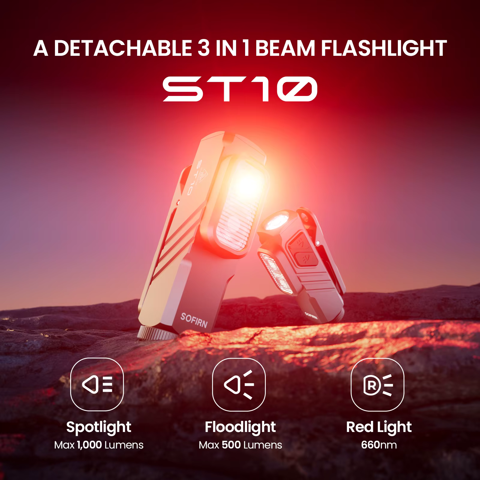 Lampe torche EDC SOFIRN Mini ST10 1000LM rechargeable USB-C 14500 avec lumière rouge 660NM, base mag