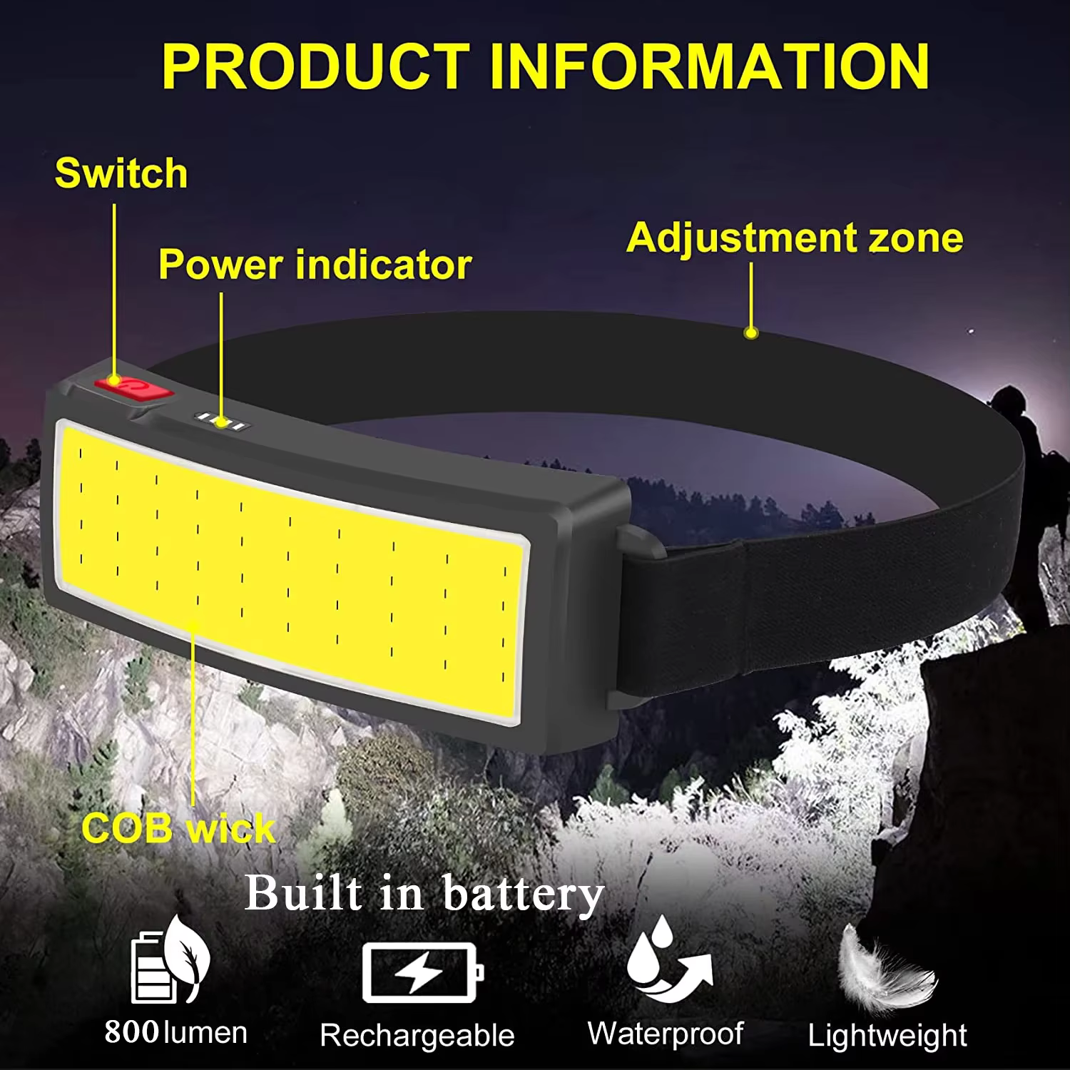 COB 180 ° Projecteur LED lampe frontale lampe de poche 3 Modes intégré USB batterie Rechargeable l