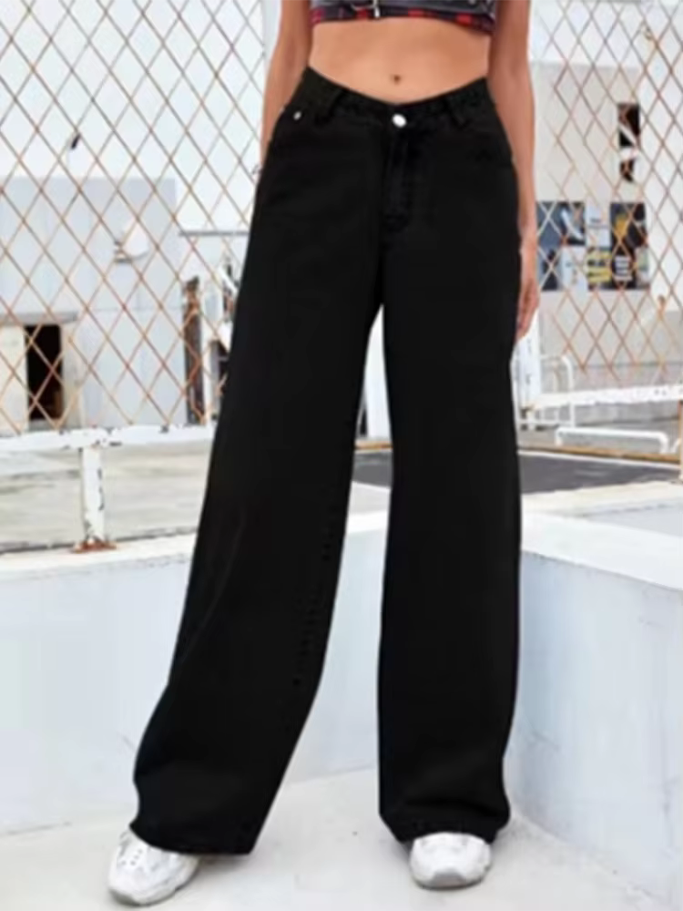 Pantalon en jean noir pour femme, couleur unie, taille haute, avec poches, mode de rue, quotidien, a