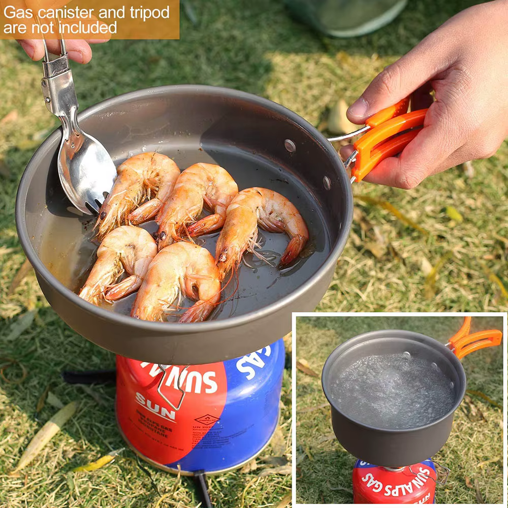 Batterie de cuisine de Camping en plein air en aluminium, avec sac en filet, ensemble de cuisine pli