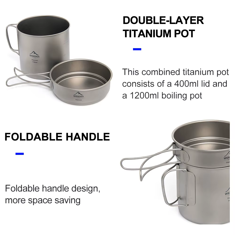 Widesea Camping tasse Portable titane cuisson 1100ML casserole poignées pliantes randonnée en plein