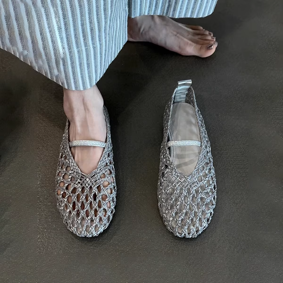 Ballerines élastiques à tissage creux pour femmes, chaussures de haute qualité à bout rond, conforta
