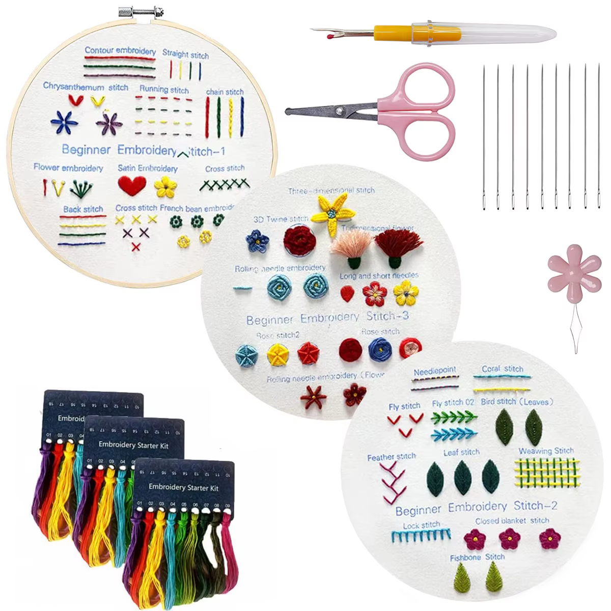 Kit de pratique de point de broderie, bricolage, démarreur de broderie fait à la main pour débutant,