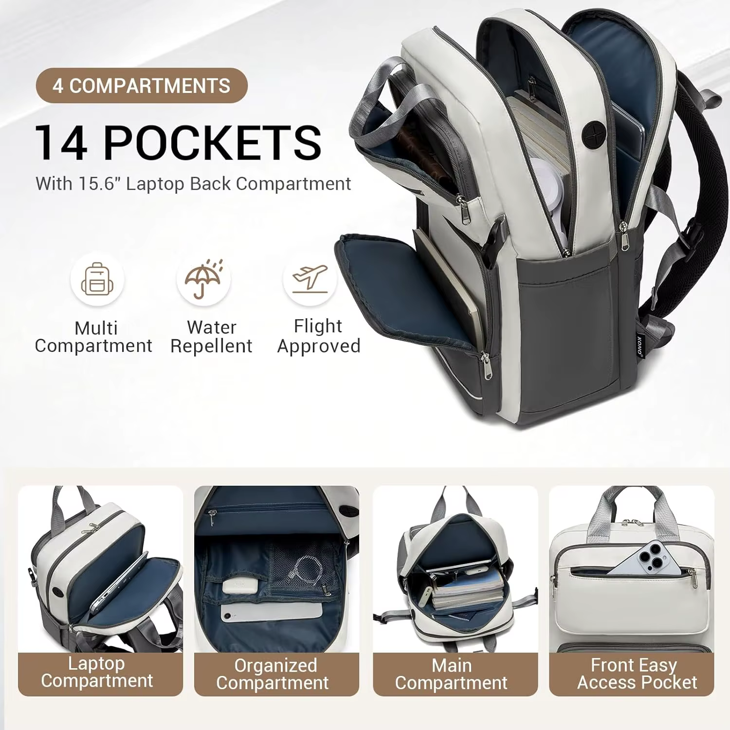 Sac à dos pour ordinateur portable KONO 15,6 pouces, léger, imperméable, antivol, avec poche frontal