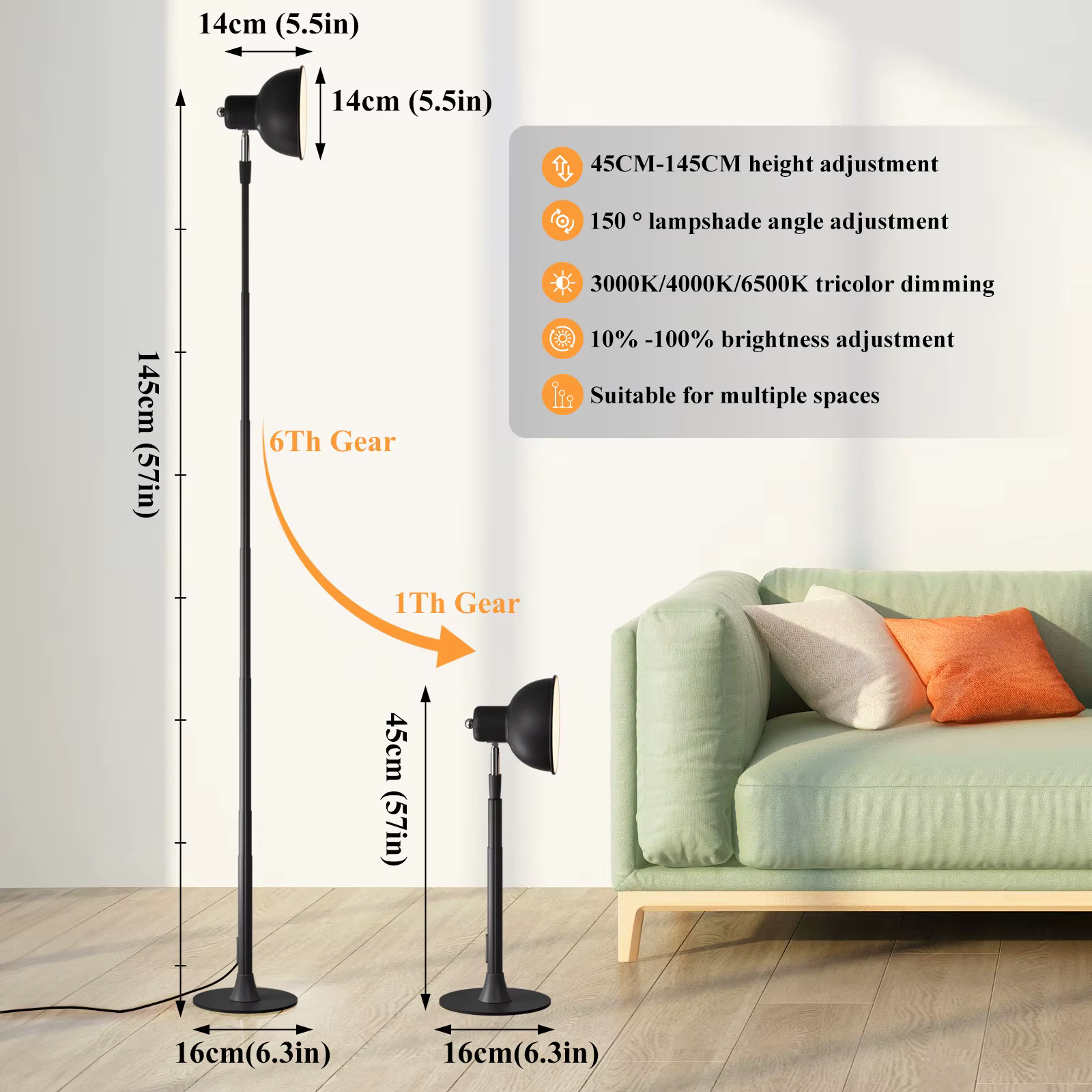 MARPOU – lampadaire réglable avec prise USB à 3 couleurs, intensité variable, LED moderne, télescopi