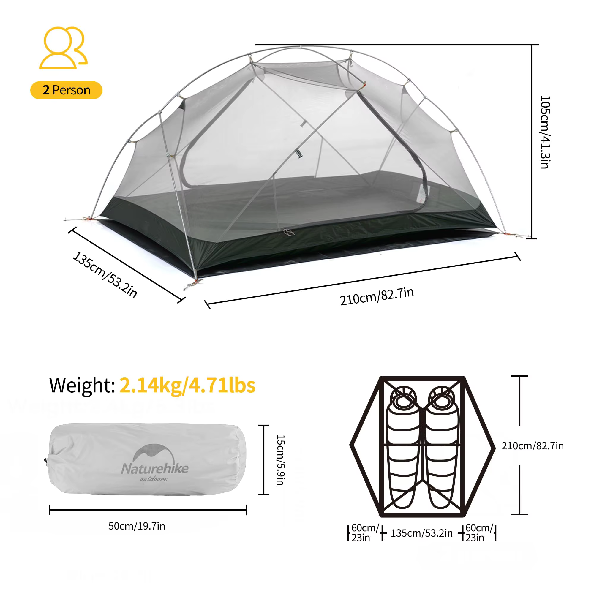 Tente de camping Naturehike Mongar 2, ultralégère, pour l'extérieur, 3 saisons, imperméable, en nylo