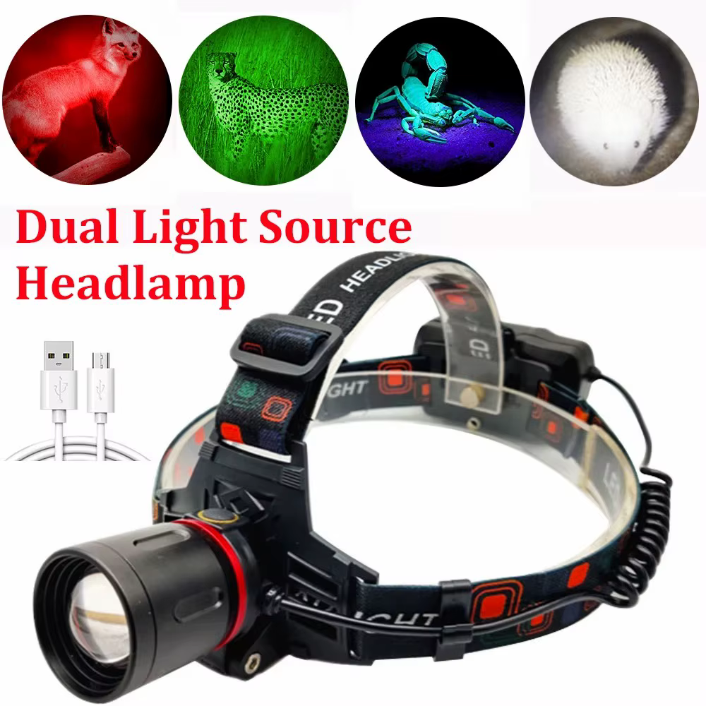 E2 vert/rouge/UV Led lampe frontale Zoomable lampe frontale torche 4 Modes phare USB charge pêche ch