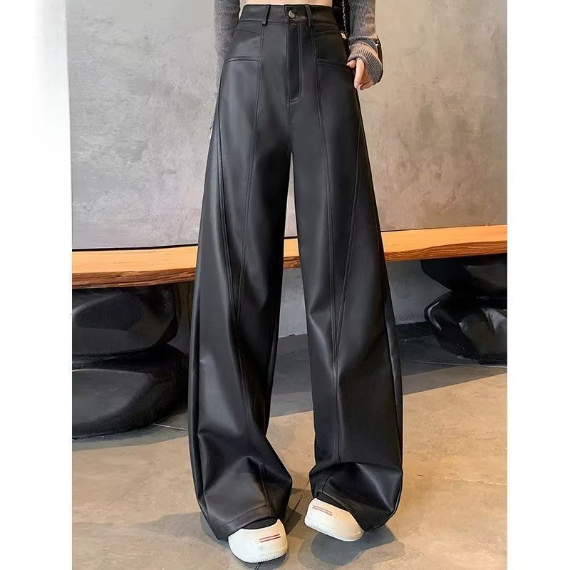 Pantalon en cuir marron pour enfants, collection Printemps-Automne 2026, nouveau modèle taille haute