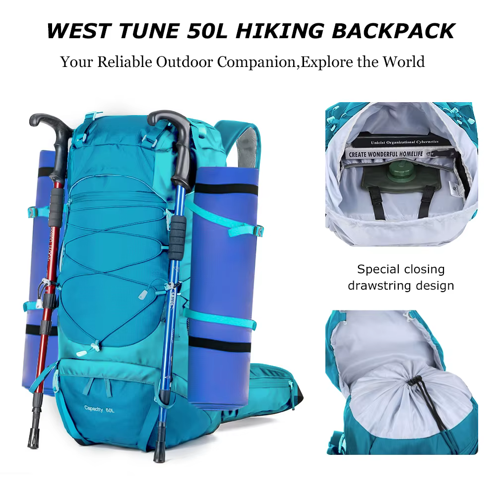 WESTTUNE 50L sac à dos de randonnée avec housse de pluie sac d'alpinisme multifonctionnel sac à dos 