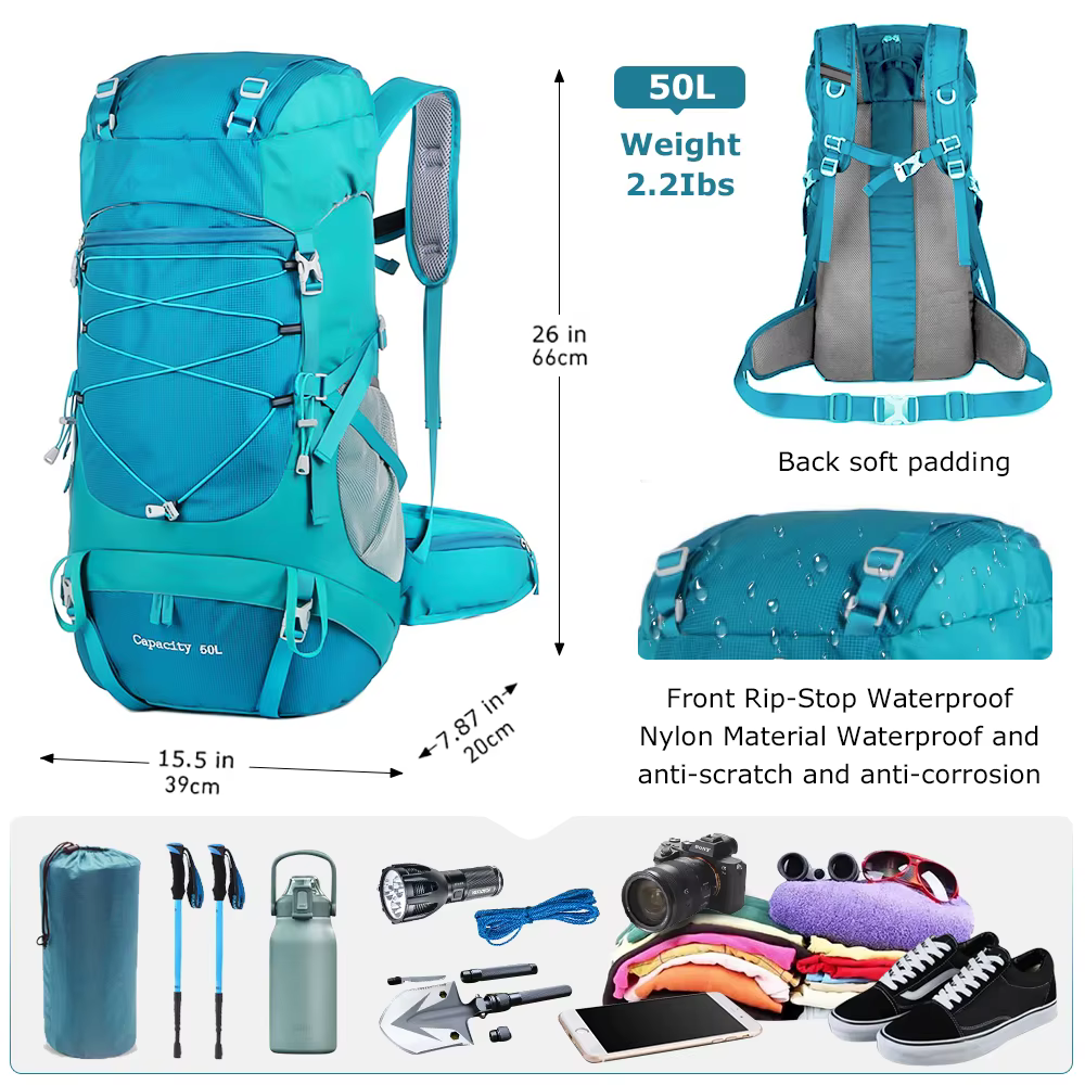 WESTTUNE 50L sac à dos de randonnée avec housse de pluie sac d'alpinisme multifonctionnel sac à dos 