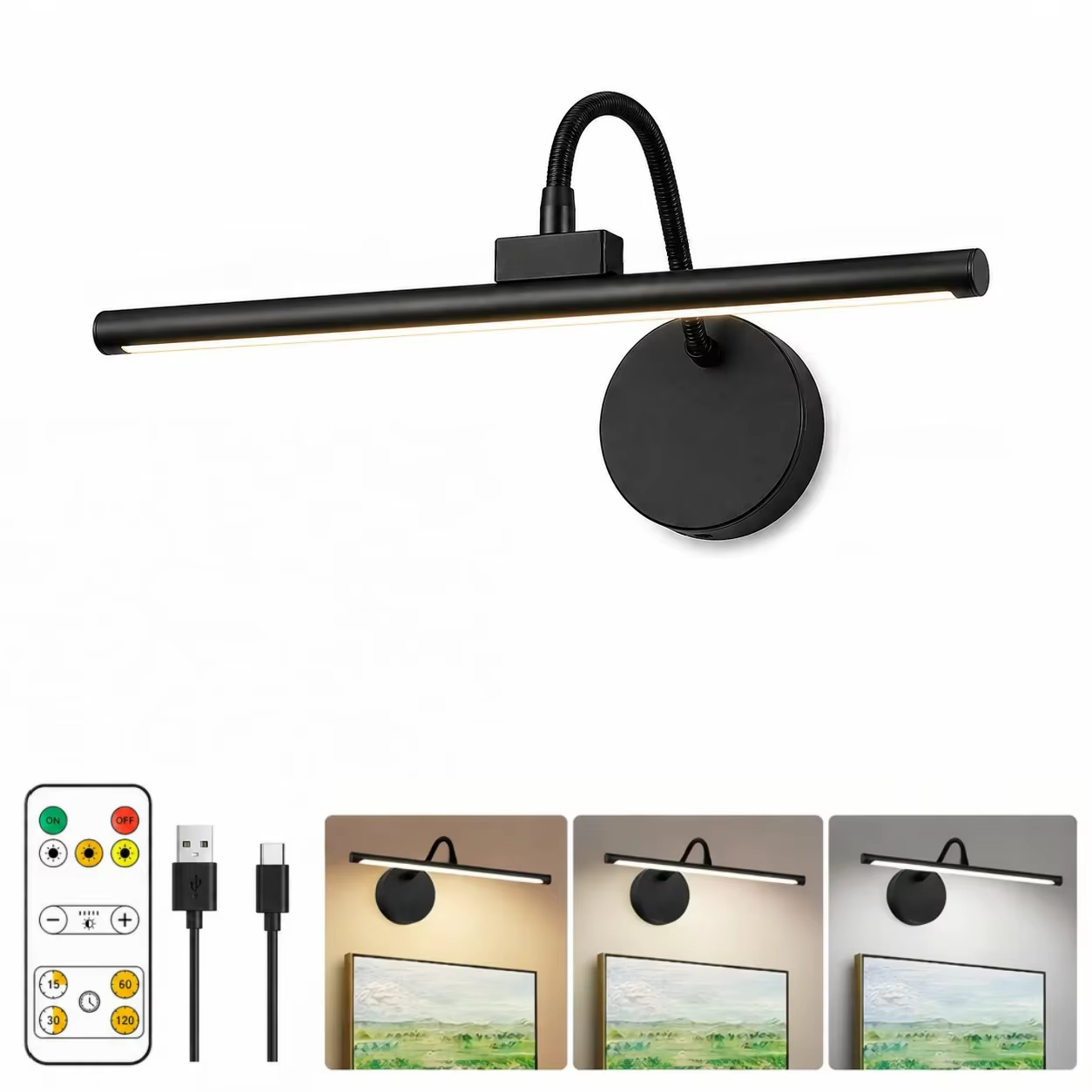 Lampe à LED sans fil pour tableau avec télécommande, 360° ° Lampe murale magnétique réglable, rech