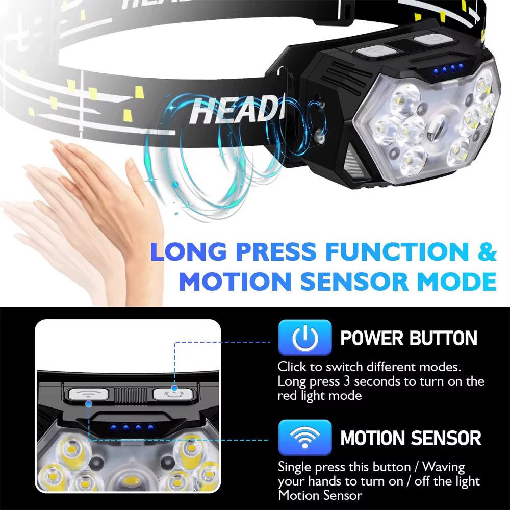 9 Led lampe frontale forte USB rechargeable capteur de mouvement phare Portable pêche Camping lampe