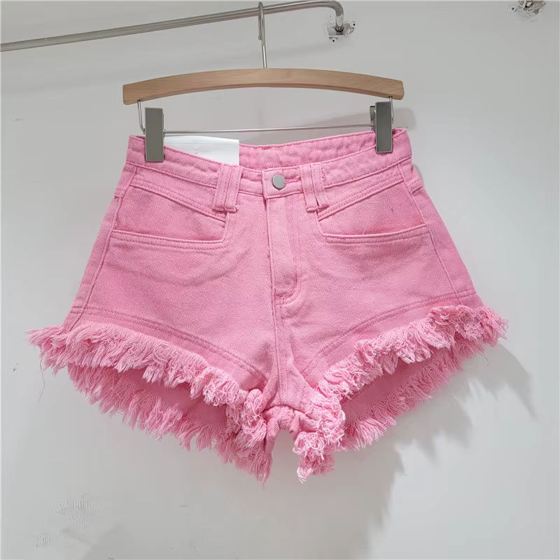 Shorts en jean brut pour femme, nouvelle collection, taille haute, design à franges, coupe trapèze, 