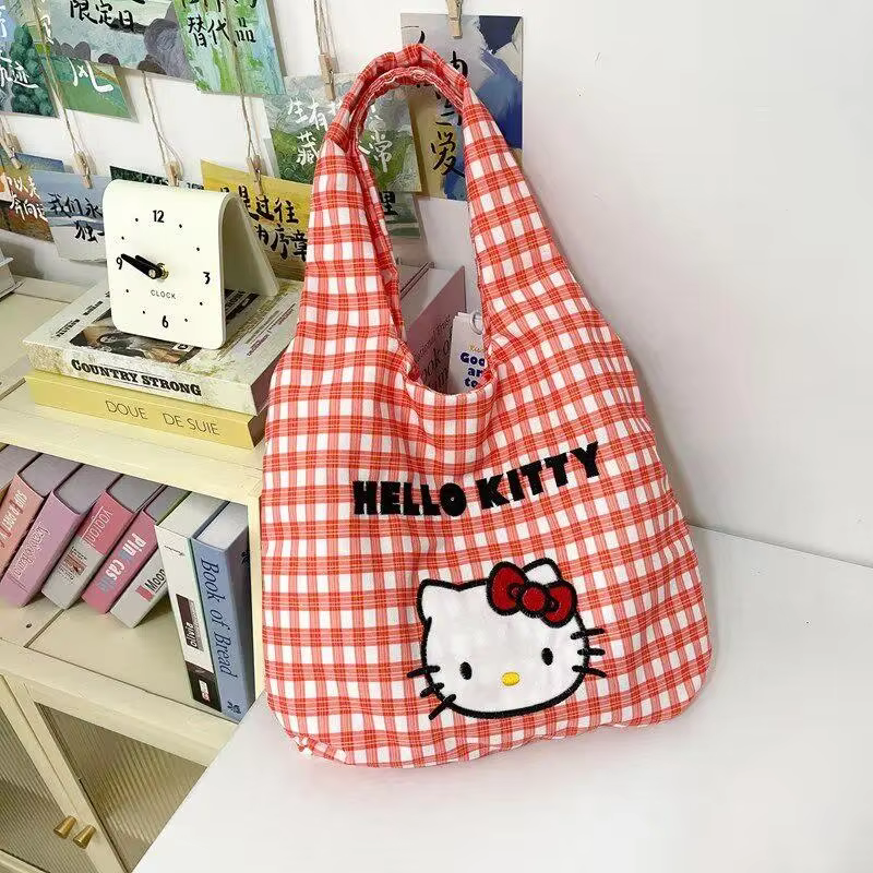 Sac fourre-tout en toile Hello Kitty pour femme, grande capacité, sac à bandoulière décontracté et m
