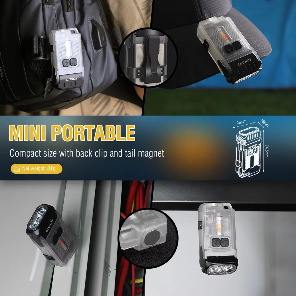 BORUiT V15 1200LM porte-clés LED lampe de poche EDC type-c lampe de travail Rechargeable torche avec