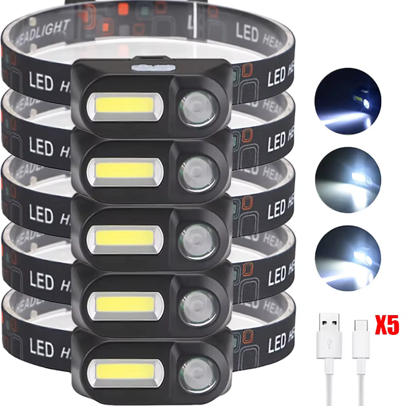 Mini lampe frontale Portable XPE + COB, double Source de lumière, Rechargeable par USB, batterie 186