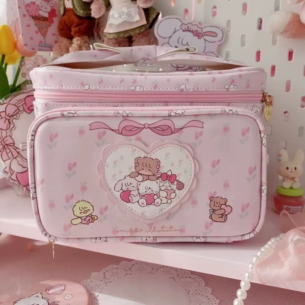Kawaii Mikko Joint – sac à cosmétiques avec nœud Double couche, mignon cœur Girly, sac de rangement 