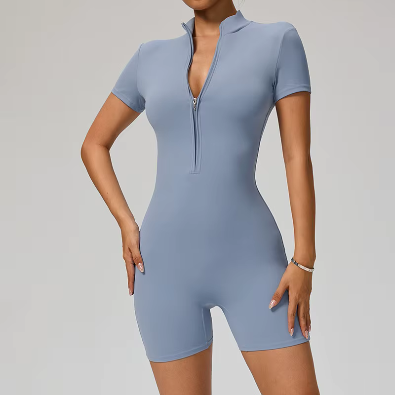 Chemise à manches courtes avec demi-fermeture éclair, couleur unie, ensemble de jambes courtes, comb