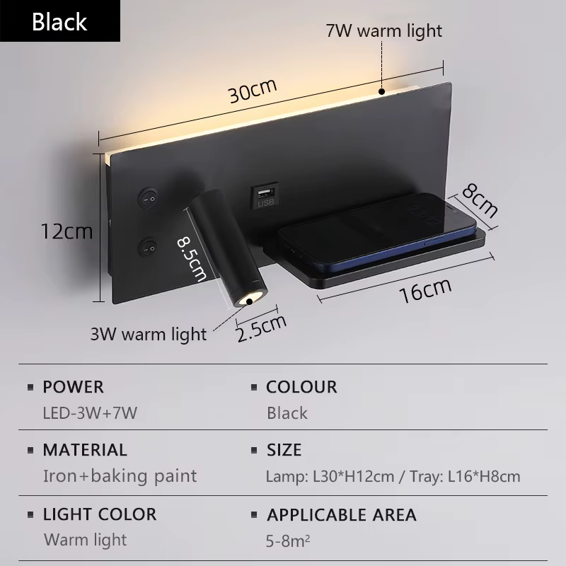 Lampe murale LED moderne multifonctionnelle avec charge sans fil, interface USB, veilleuse de chambr