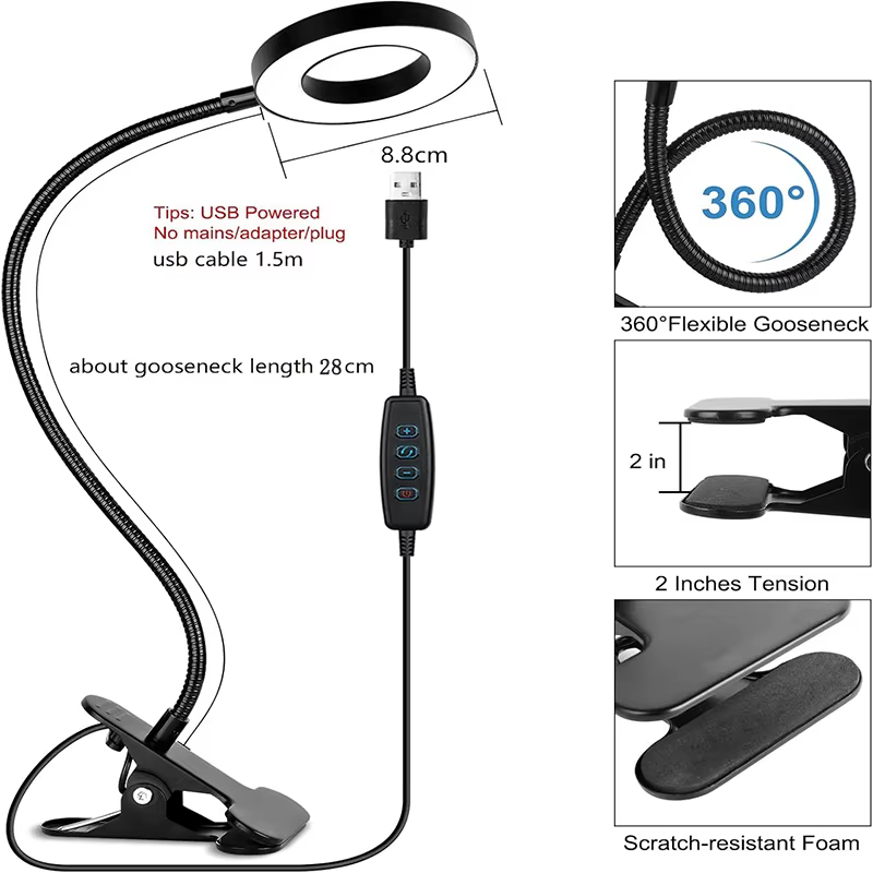 Lampe à pince, 3 couleurs + 10 niveaux de luminosité, lampe de bureau LED avec pince, pour tête de l