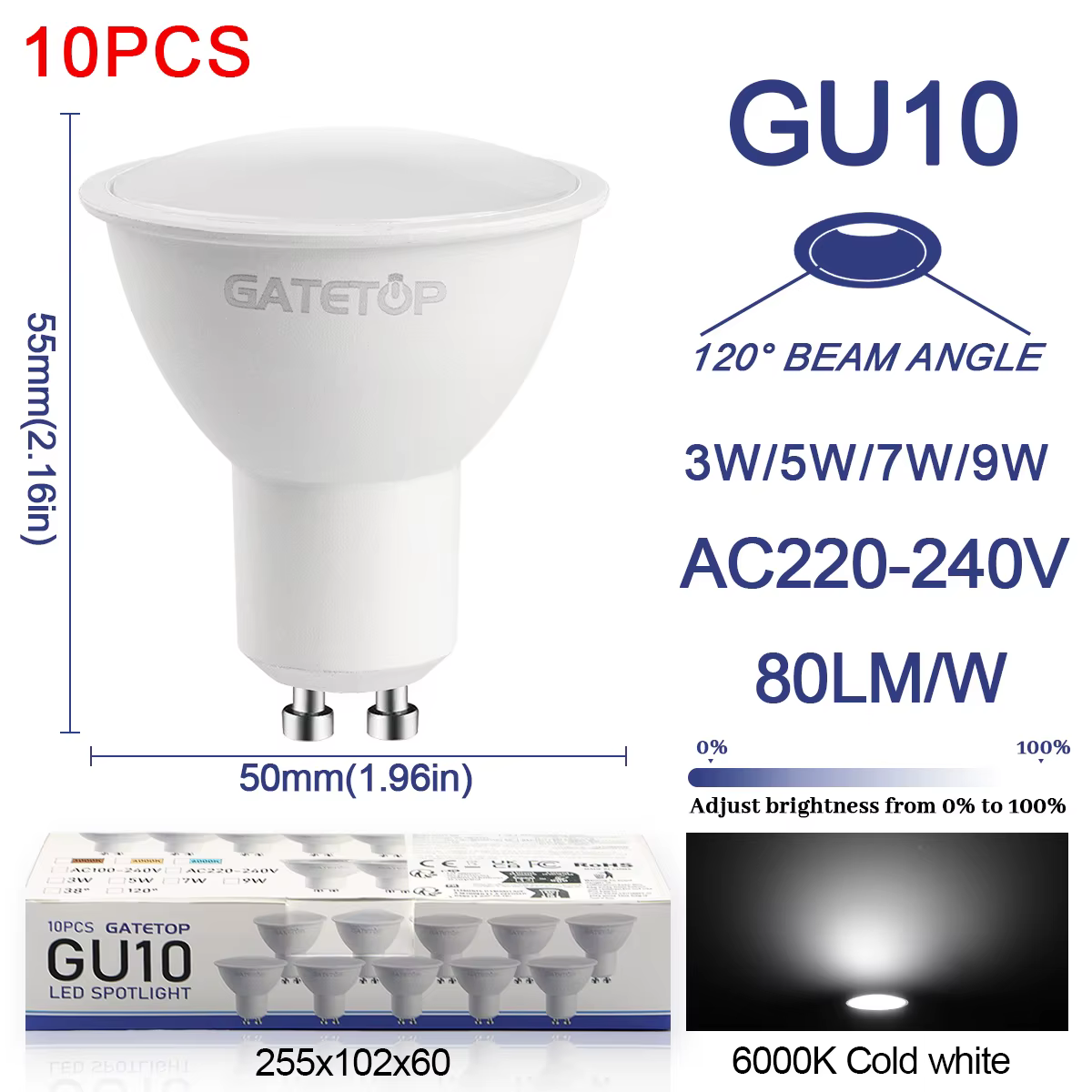 Ampoule LED GU10 à intensité variable, 10 paquets, AC220V 3W-9W 3000K 6000K, lampe blanche chaude et