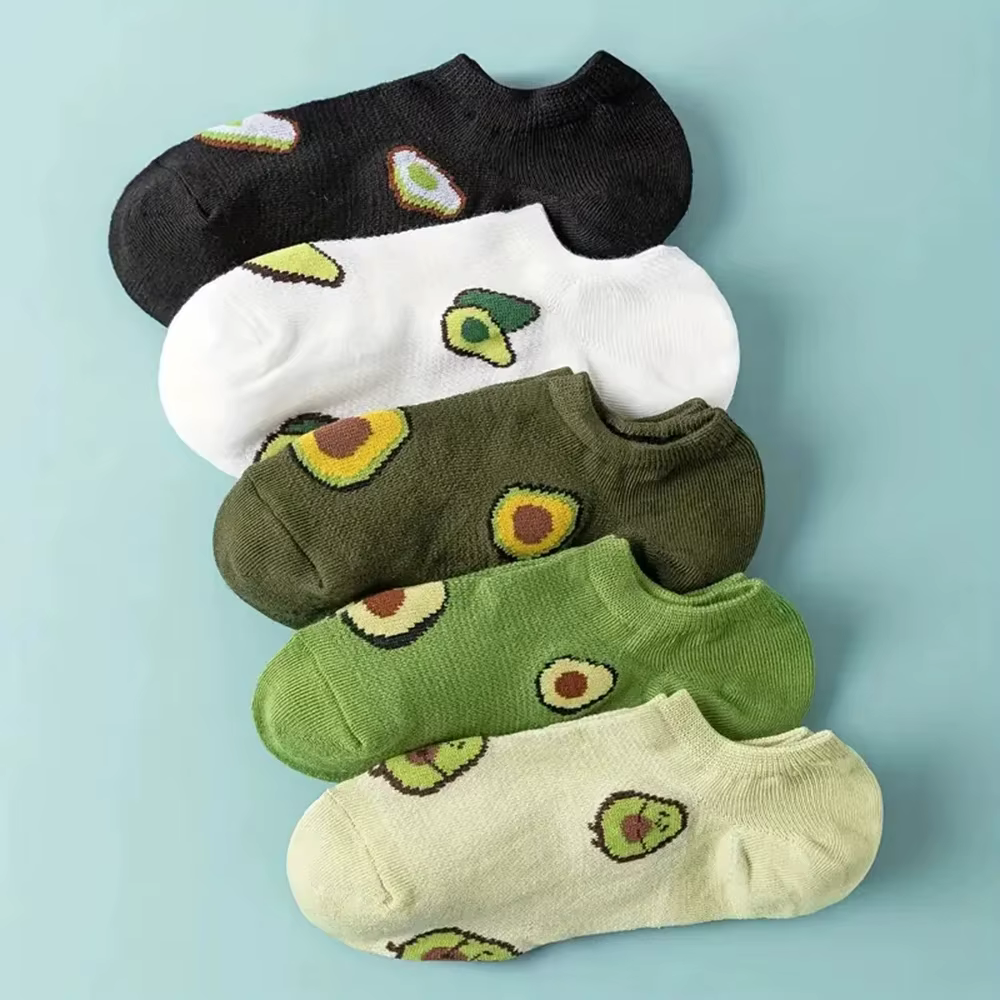 5 paires de chaussettes d'équipage d'avocat, dessin animé, mode fraîche, respirantes, confort Kawaii