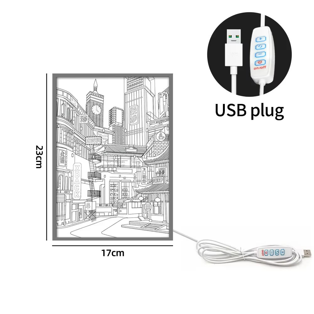 Lampe LED Anime Paysage Urbain Nocturne, Peinture Lumineuse HD à Cadre Fin, Prise USB, Intensité Rég
