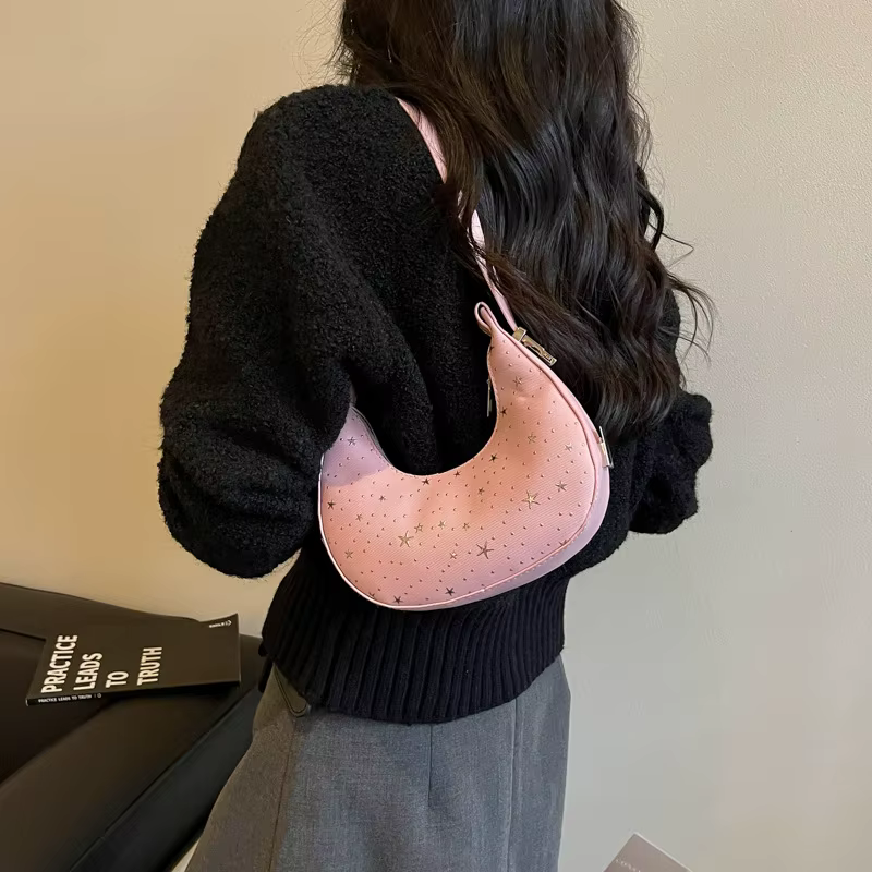Nouveau sac hobo demi-lune plissé en nylon style doux, grande capacité, motif étoile tendance, sac à