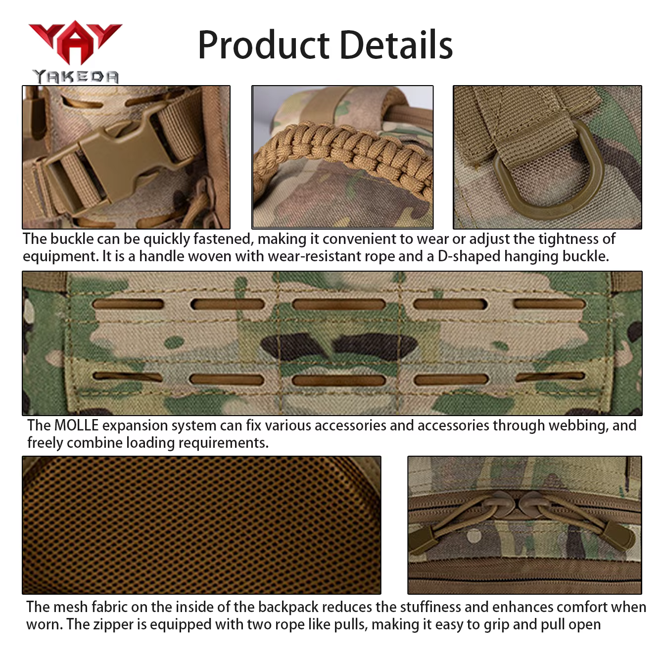 YAKEDA sac à dos extérieur grande capacité avec sangle de taille et de poitrine, bandoulière système