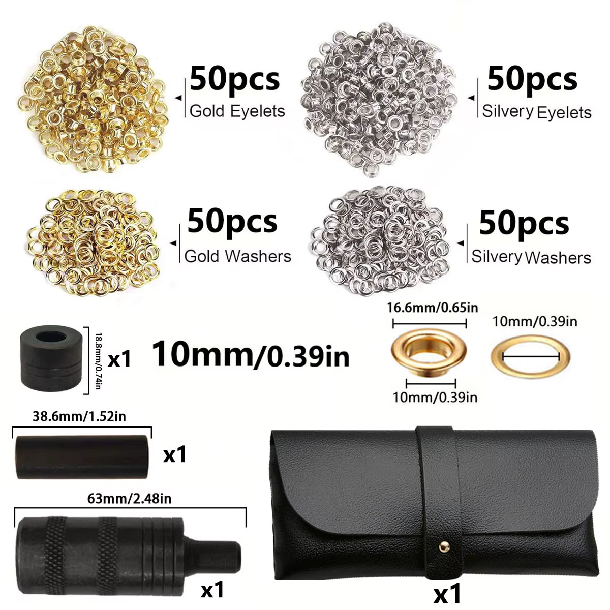 Kit d'outils pour œillets 10/12mm, 100 pièces, avec poinçon et rondelles, œillets dorés et argentés,