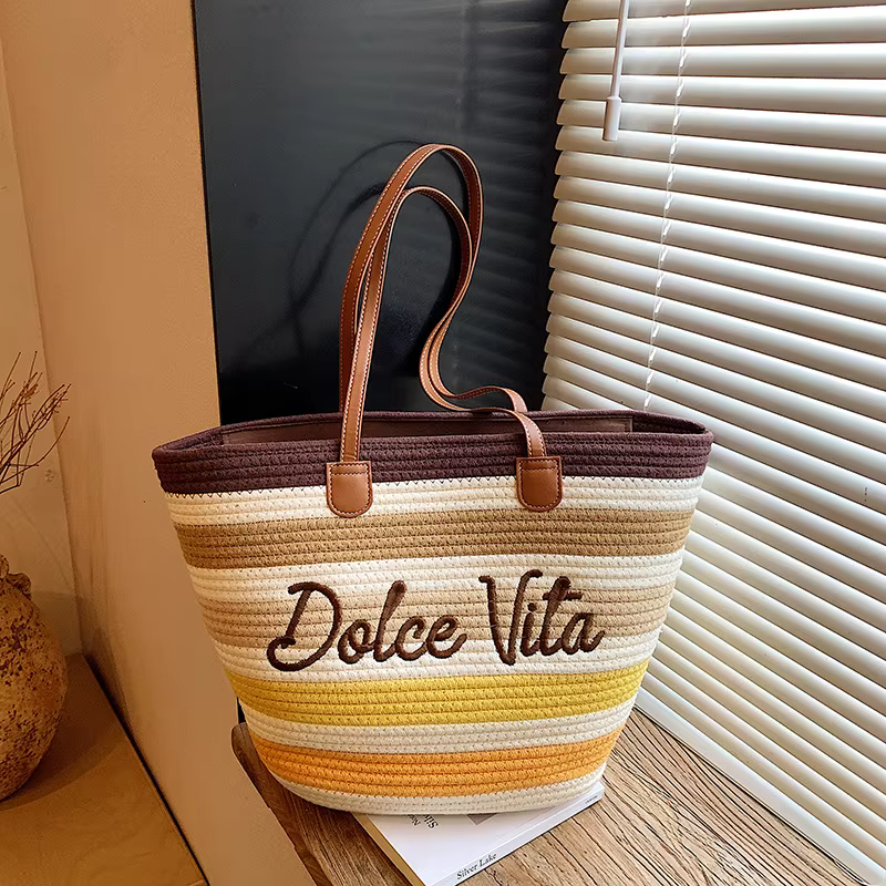 Sac fourre-tout en paille grande capacité, coloré, pour voyage en extérieur, design contrasté, sac d