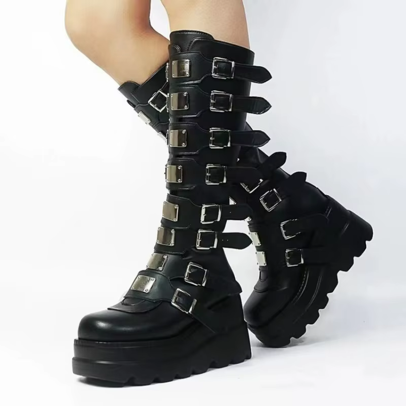 Bottes Gothiques pour Femmes, Bottes Hautes à Plateforme, Bottes Sexy à Bout Rond, Bottes de Moto, B