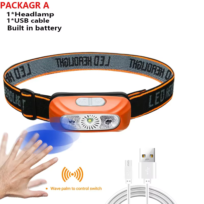 Lampe frontale à lumière forte, Portable, capteur LED, Rechargeable par USB, lanterne d'urgence pour