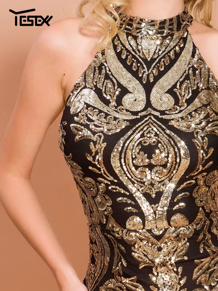 Yesexy femmes Sexy été col haut robe à paillettes femme dos nu robe moulante géométrie élégante Mini