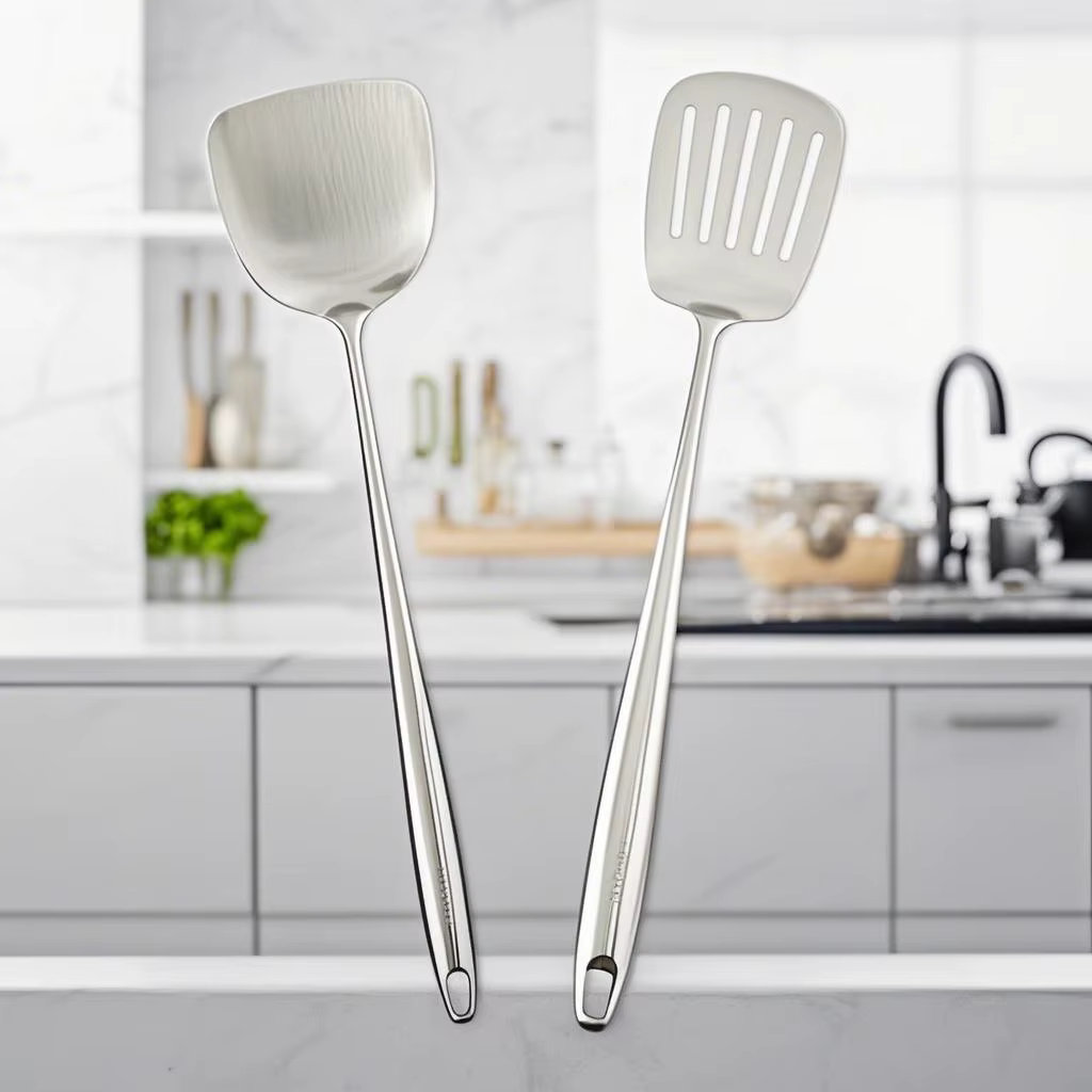 Ensemble d'ustensiles de cuisine en acier inoxydable pour wok : spatule, louche, cuillère écumoire, 