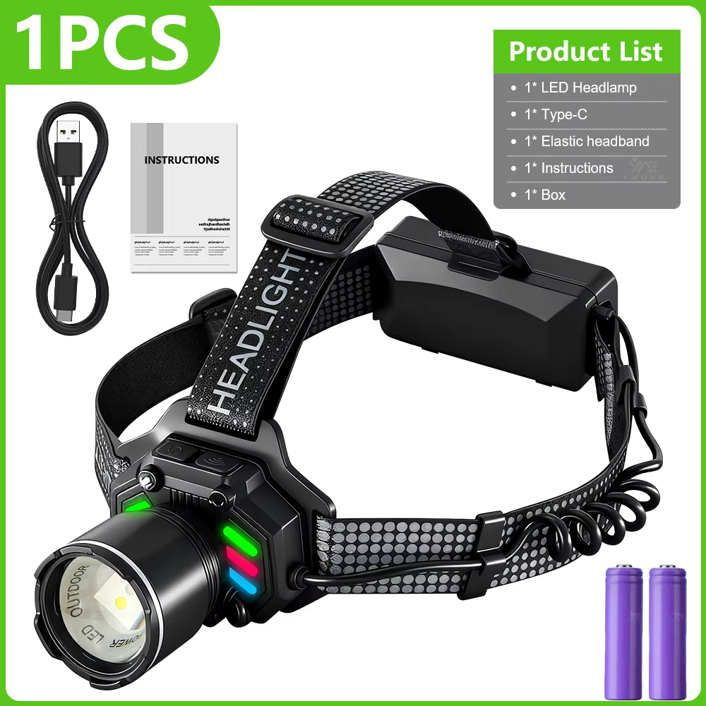 Lampe Frontale de Pêche LED, Détecteur Lumière Bleue, Rechargeable USB, Batterie 18650, Etanche, Mai