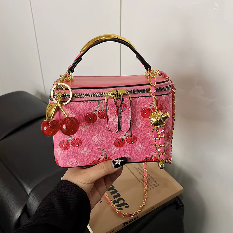 Mini sac carré décoré de cerises, sac à bandoulière pour femme, sac à main rétro à imprimé tendance,