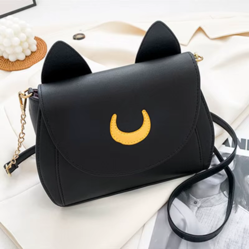 Été marin lune dames sac à main noir Luna chat forme chaîne sac à bandoulière en cuir PU femmes mess