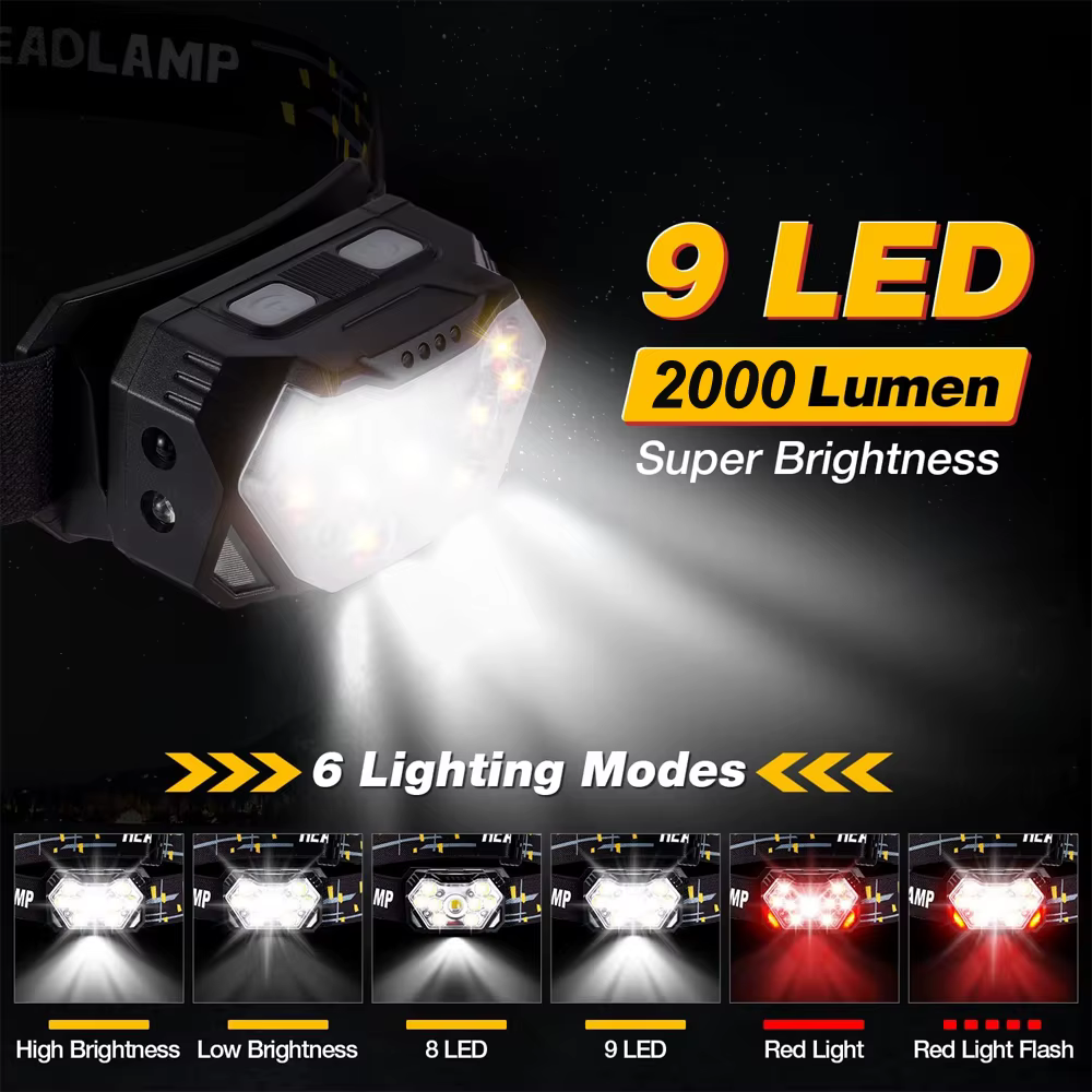 9 Led lampe frontale forte USB rechargeable capteur de mouvement phare Portable pêche Camping lampe