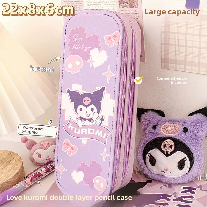 Trousse à crayons double compartiment inspirée de Kuromi, personnage d'anime Kawaii, pour marqueurs,